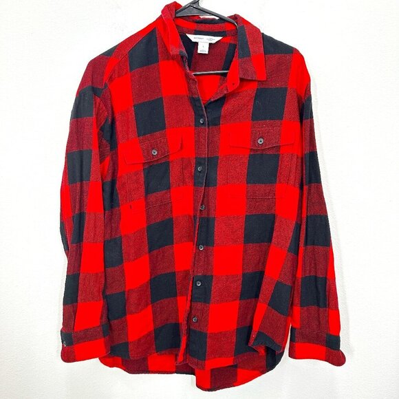 Old Navy Size Large The Boyfriend Shirt Red Black Buffalo Check Plaid Oversized - Picture 1 of 4
